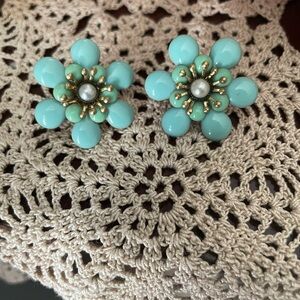 Retro Floral Earrings - sea green, brass, pearl, rounded